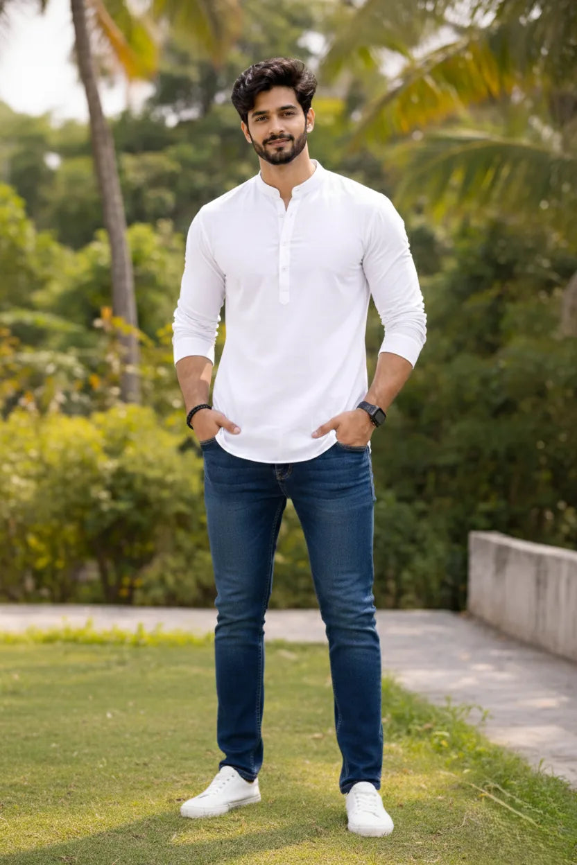 Casual White Short Kurta for Men | Mandarin Collar Plain Cotton Ethnic Wear