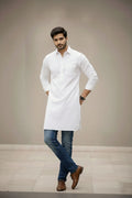 White Spread Collar Long Kurta for Men | Plain Cotton Pathani Style Ethnic Wear