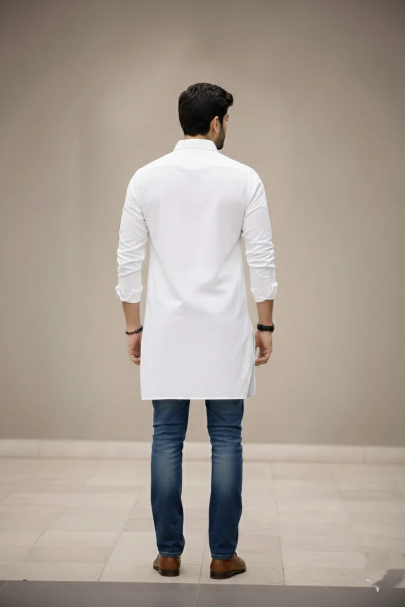 Men's White Long Kurta | Spread Collar Plain Cotton Kurta Stylish Ethnic Casual