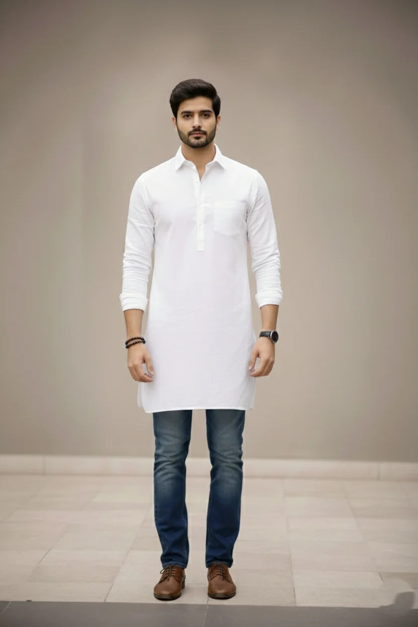 White Cotton Kurta for Men | Spread Collar Plain Long Stylish Pathani Kurta
