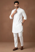 White Spread Collar Kurta Pajama for Men | Plain Cotton Long Kurta Pejama Set