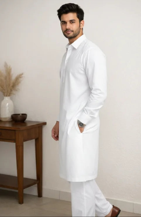 White Spread Collar Long Kurta Pajama for Men | Plain Cotton Pathani Ethnic Set