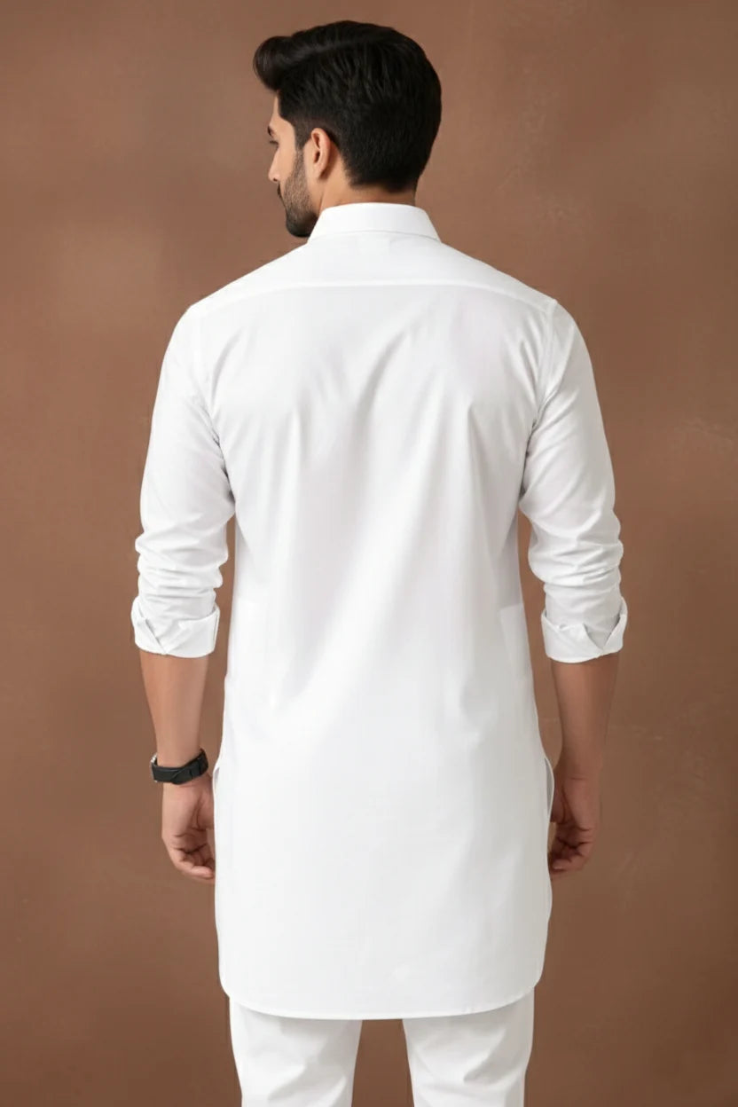 Men's White Spread Collar Long Kurta Pejama | Plain Cotton Stylish Ethnic Wear