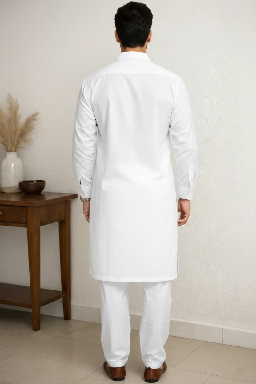 White Long Cotton Kurta Pajama for Men | Spread Collar Plain Pathani Kurta Set