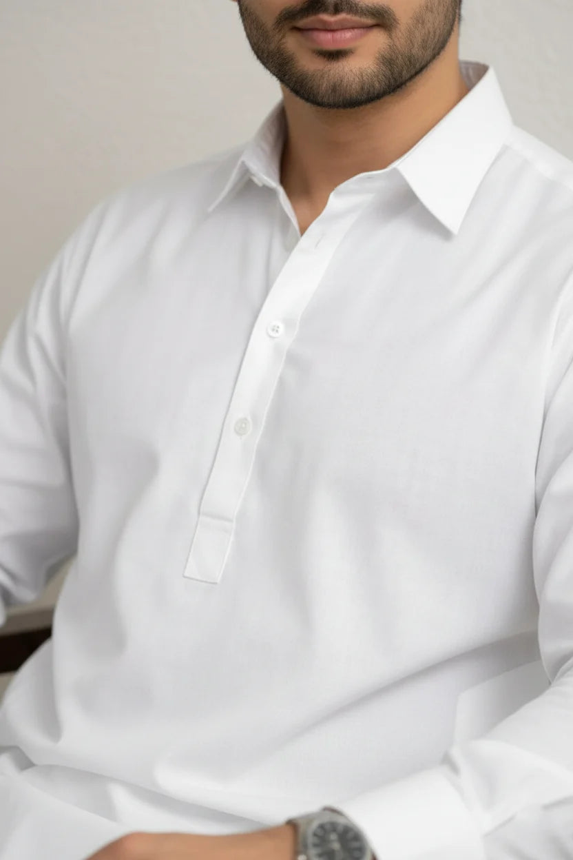 Men's White Long Kurta Pajama | Spread Collar Plain Cotton Kurta Pejama Ethnic