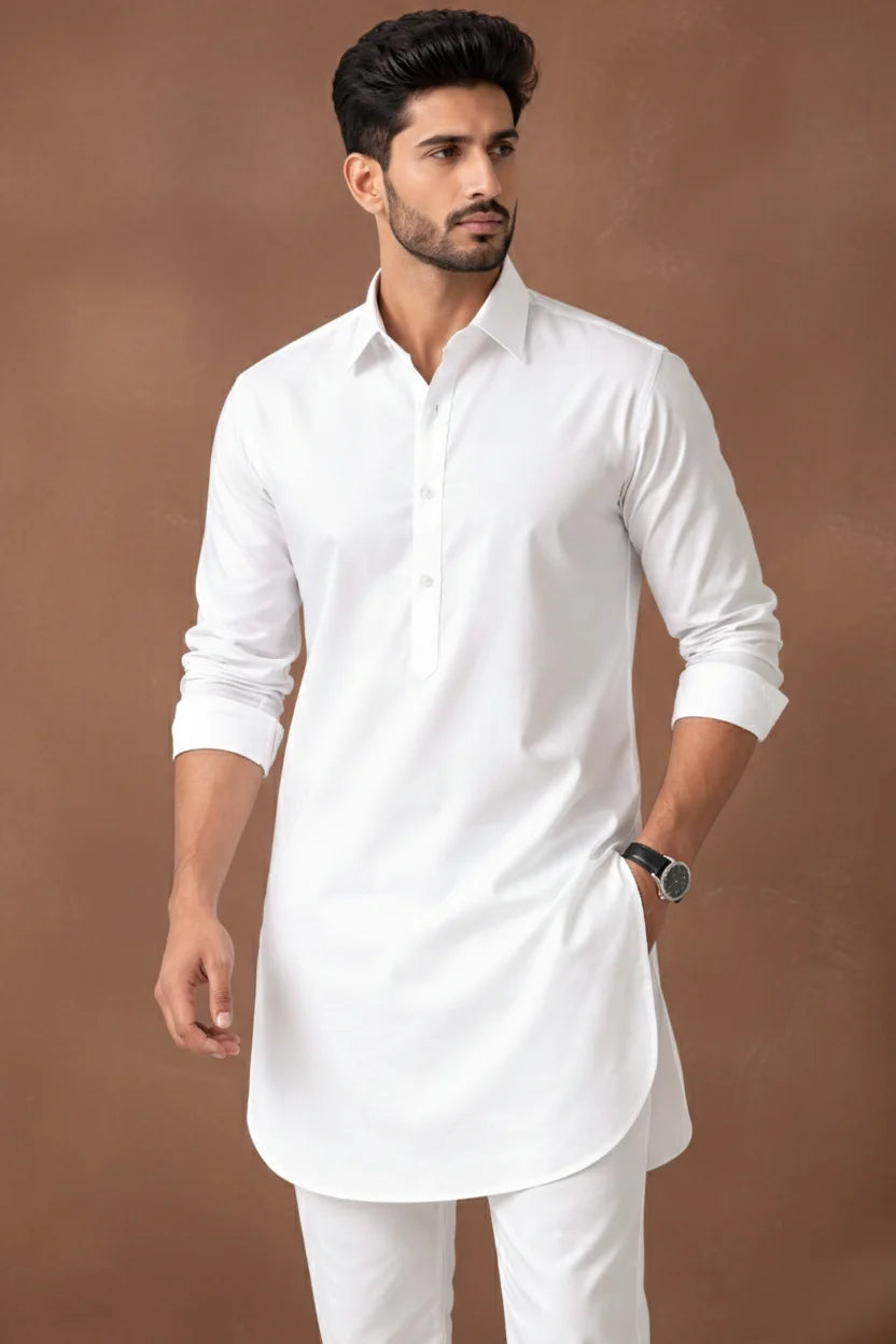 Eid Kurta Pajama for Men White | Spread Collar Plain Cotton Long Kurta Set