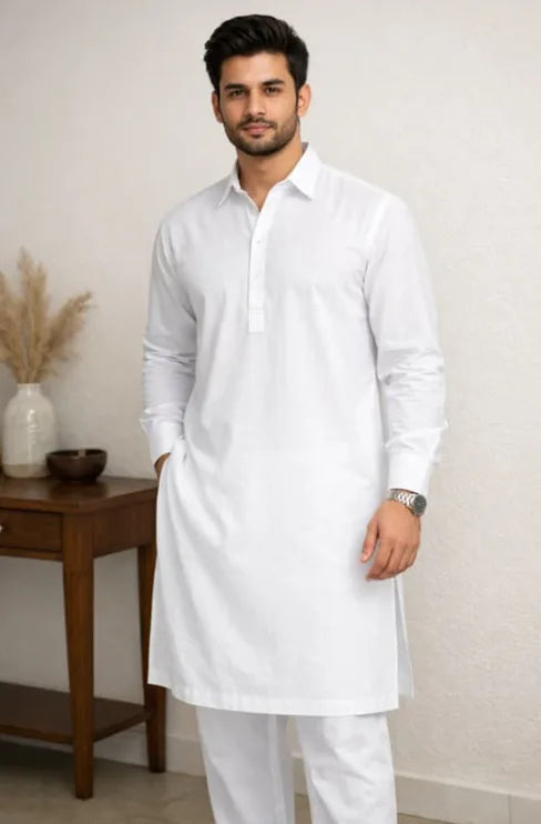 Plain White Kurta Pajama for Men | Spread Collar Cotton Long Punjabi Kurta Set