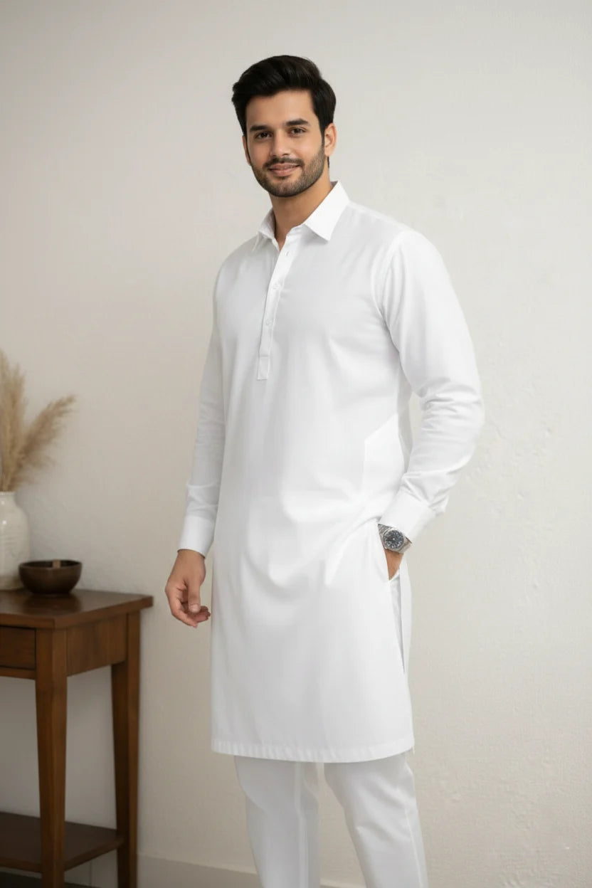 Spread Collar White Kurta for Men | Plain Cotton Long Pathani Kurta Pejama Set