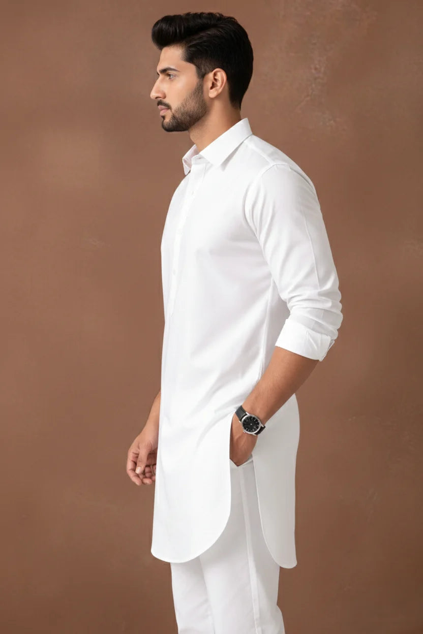 White Cotton Kurta Pajama for Men | Spread Collar Long Plain Kurta Ethnic