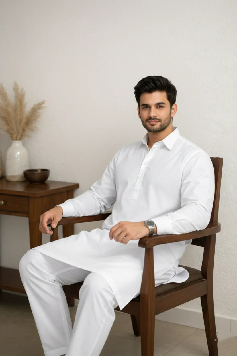 Eid Kurta Pajama for Men White | Spread Collar Plain Cotton Long Pathani Set