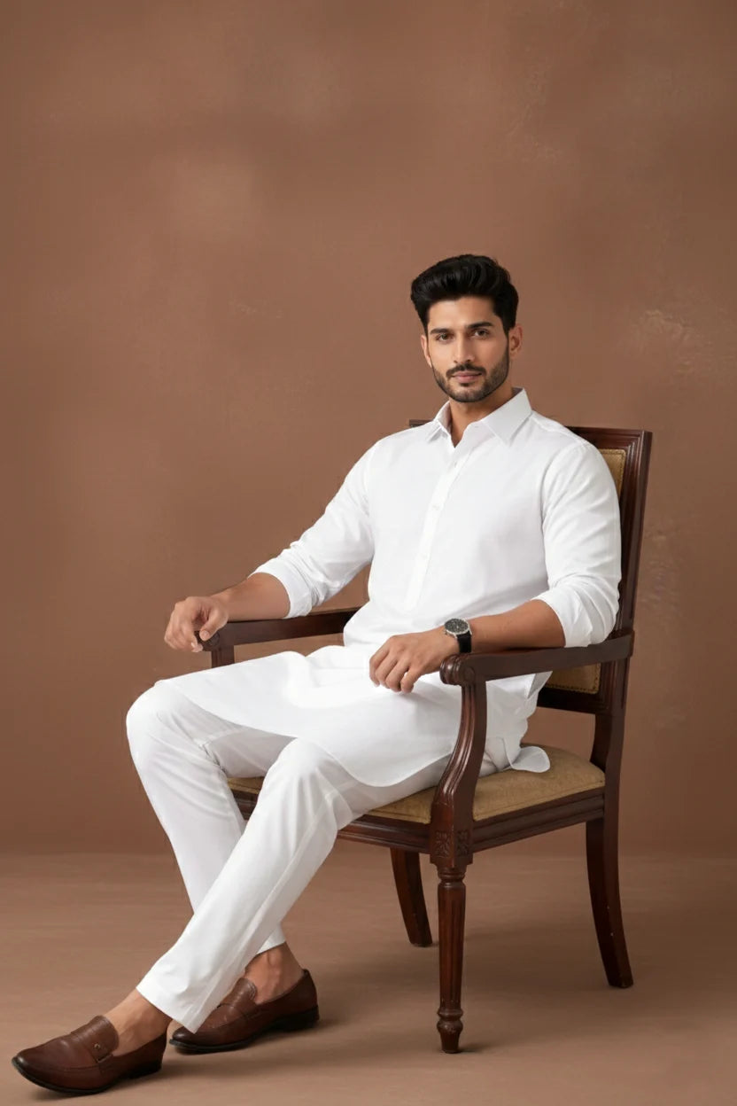 Plus Size White Kurta Pajama for Men | Spread Collar Plain Cotton Long Kurta