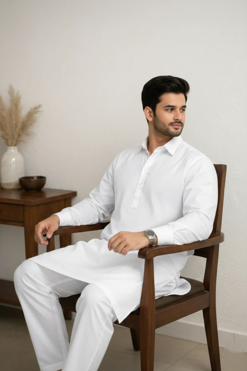 White Long Kurta Pajama Men | Spread Collar Plain Cotton Stylish Kurta for Men