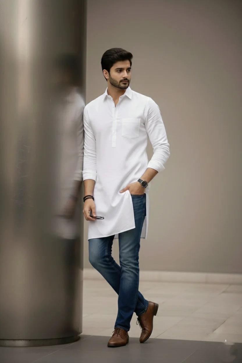 White Long Cotton Kurta for Men | Spread Collar Plain Pathani Kurta with Jeans