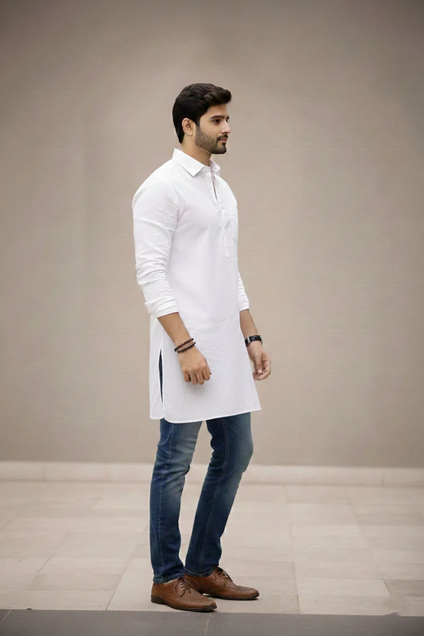 Plus Size White Kurta for Men | Spread Collar Plain Cotton Long Stylish Kurta