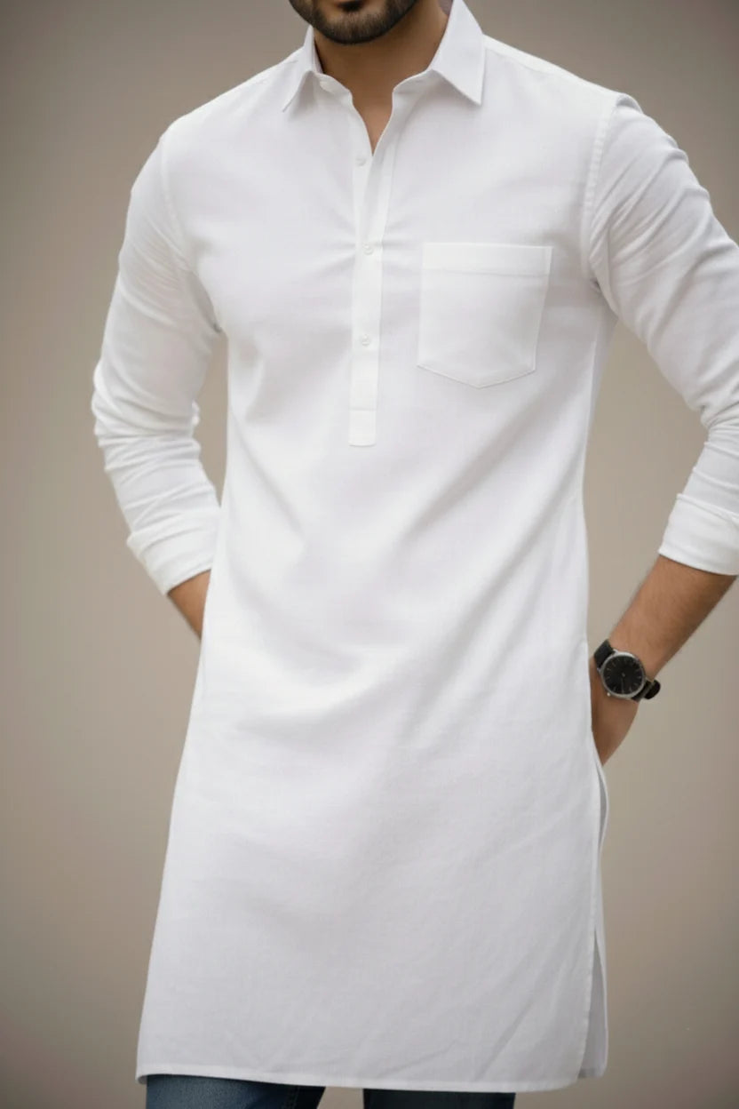 Spread Collar White Kurta for Men | Plain Cotton Long Pathani Kurta Ethnic Wear