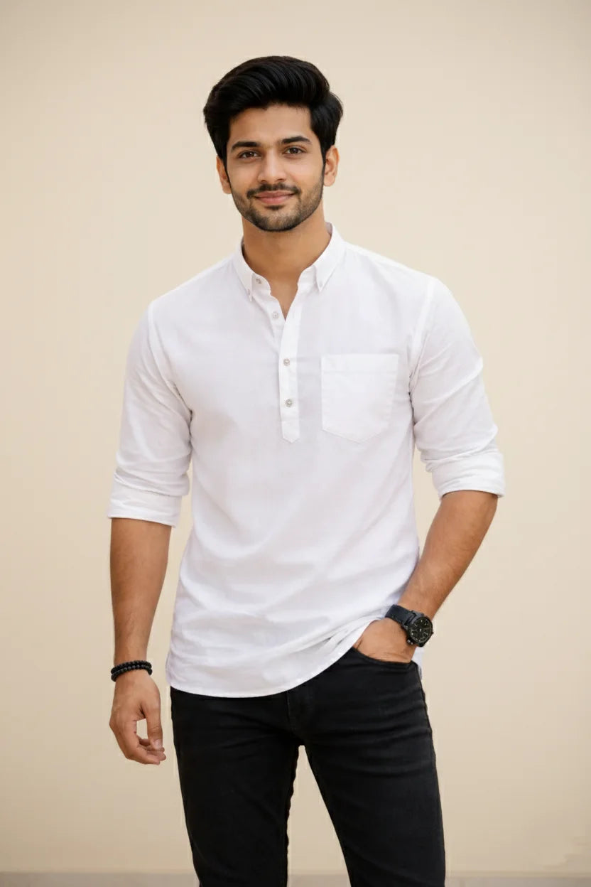 White Spread Collar Short Kurta for Men | Plain Cotton Stylish Casual Ethnic