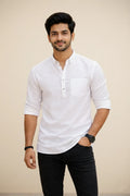 White Spread Collar Short Kurta for Men | Plain Cotton Stylish Casual Ethnic