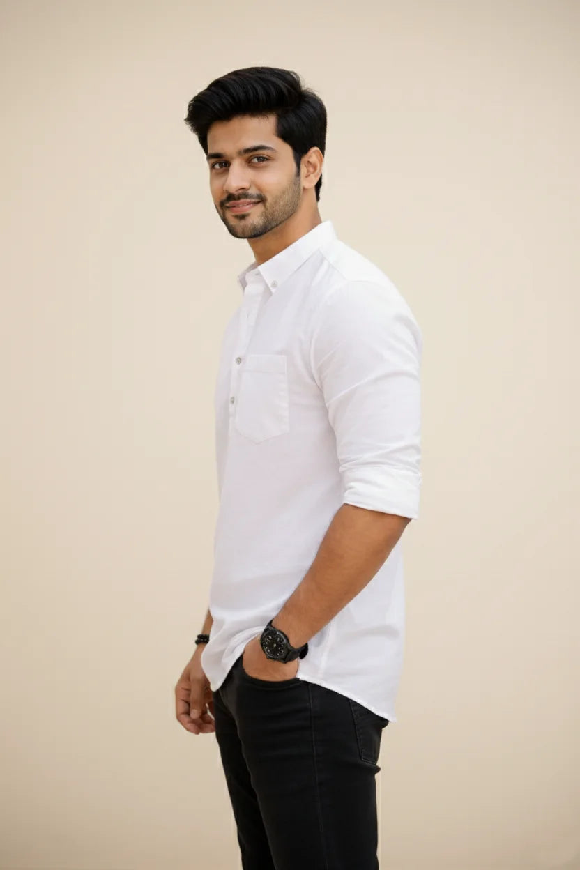 Casual White Short Kurta for Men | Spread Collar Plain Cotton Ethnic Wear