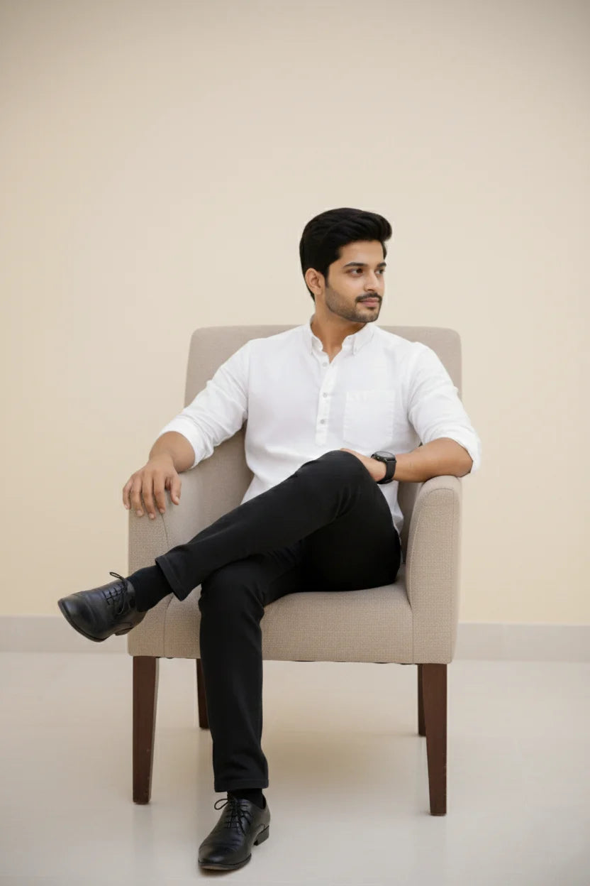 White Plain Short Cotton Kurta for Men | Spread Collar Stylish Casual Ethnic