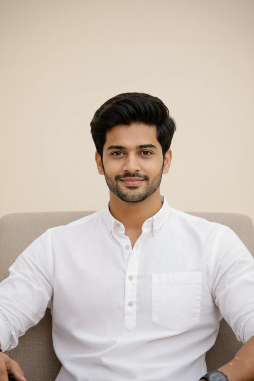 Men's White Plain Short Kurta | Spread Collar Cotton Casual Stylish Ethnic