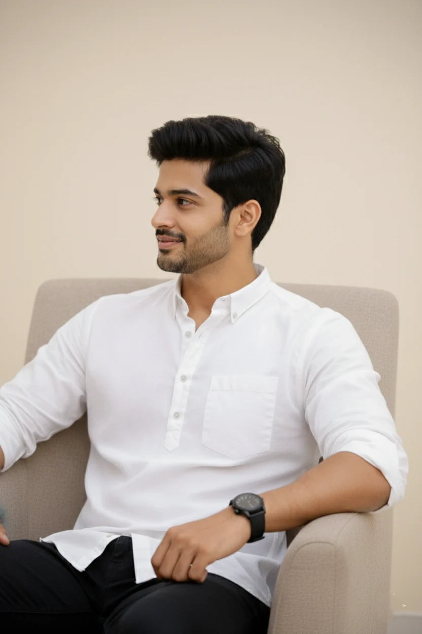 Stylish White Short Kurta for Men | Spread Collar Eid Plain Cotton Ethnic