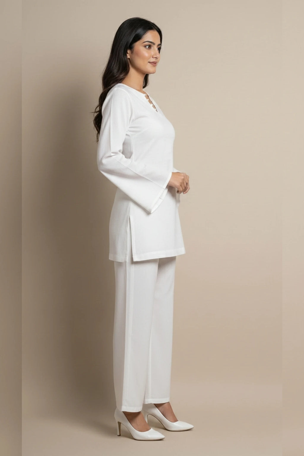White Cotton Kurti Palazzo Set for Women | Bell Sleeve Scallop Neck Short Kurti