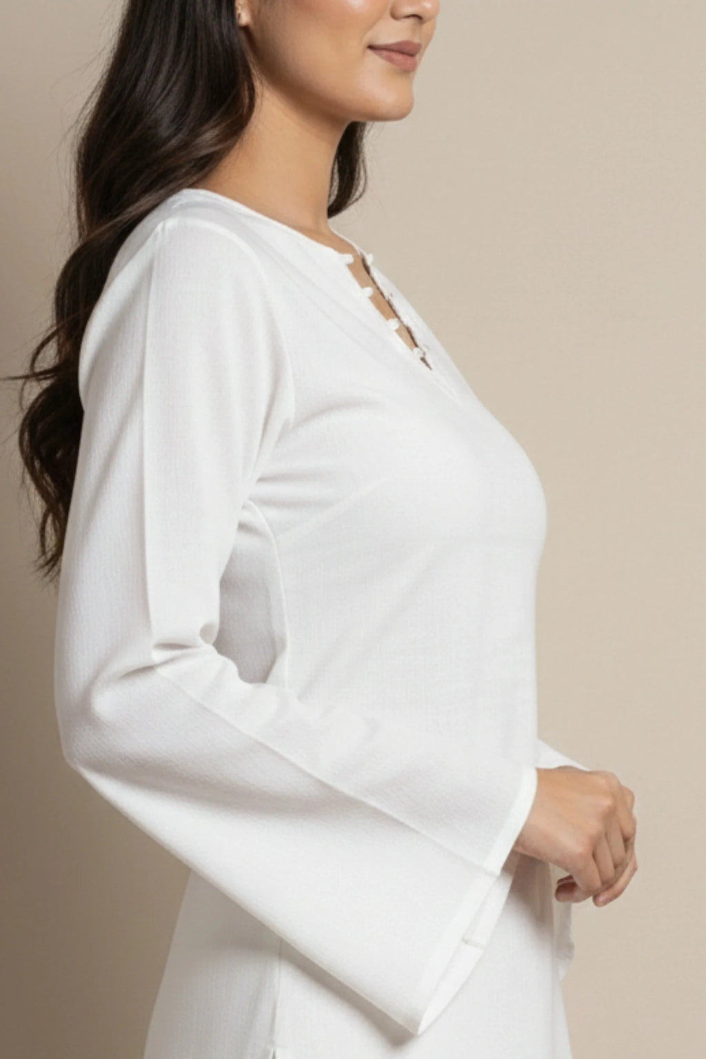 White Kurti Set for Women | Cotton Bell Sleeve Short Kurti with Straight Pants