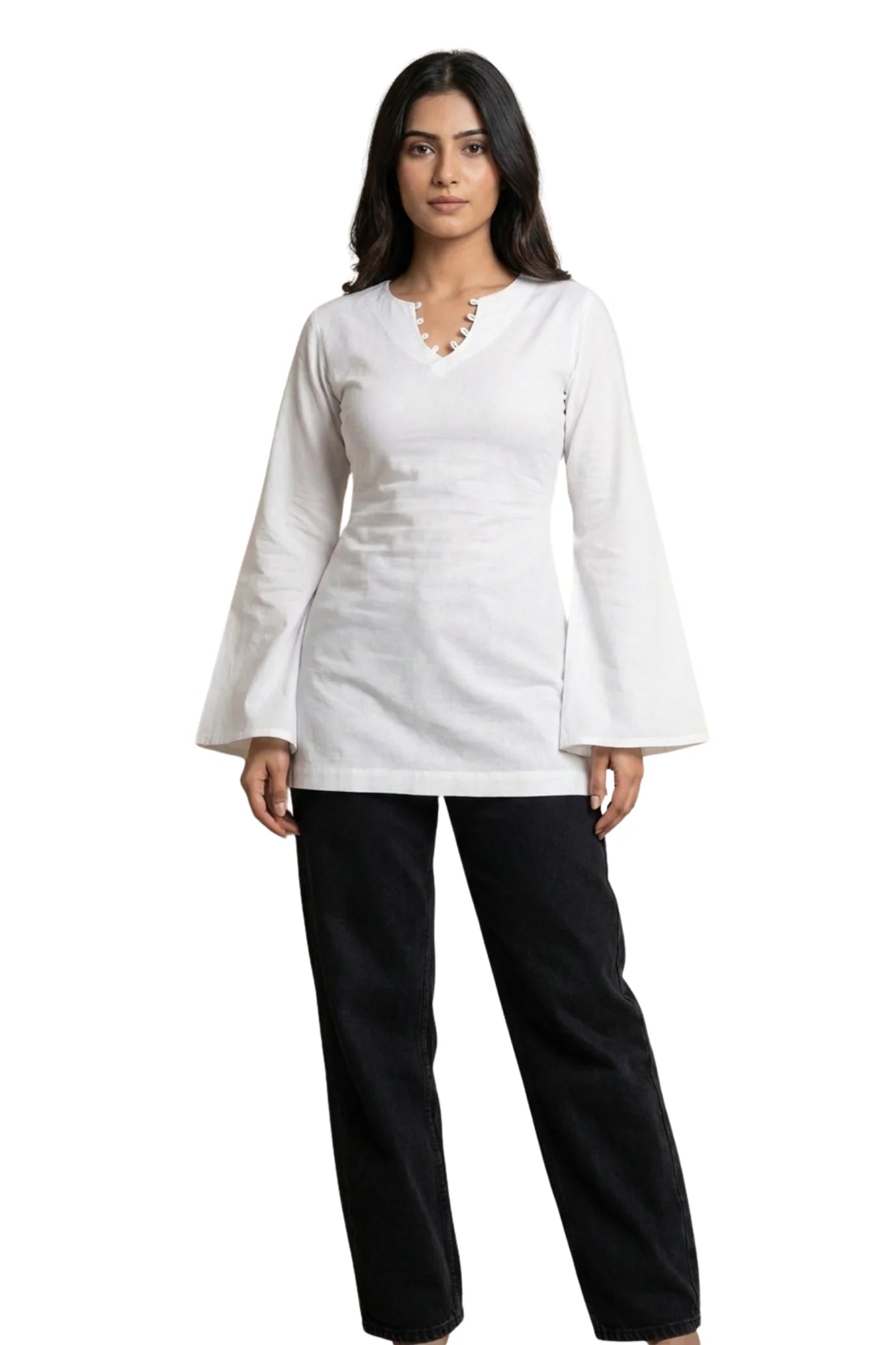 White Cotton Short Kurti for Women | Bell Sleeve Scallop Neck Ladies Kurti