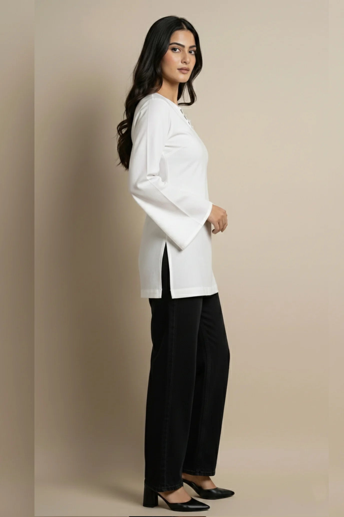 Plain White Cotton Bell Sleeve Kurti | Short Kurti for Women Scallop Neck Ethnic Casual Wear