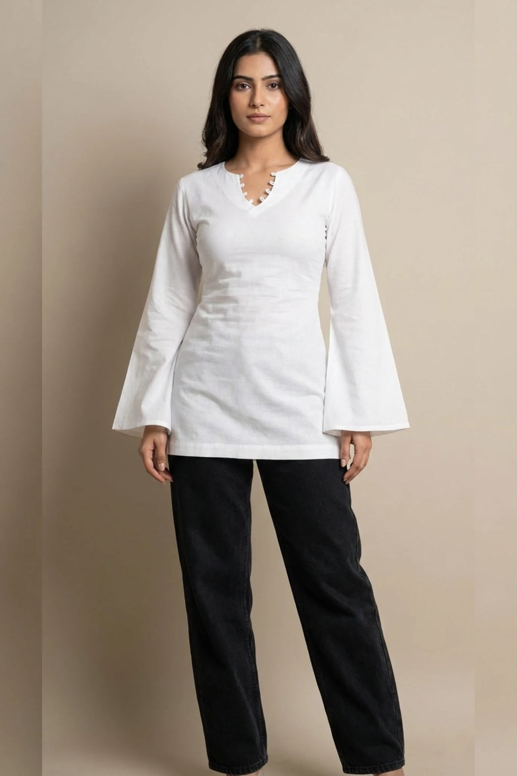 White Kurti for Women | Cotton Bell Sleeve Short Kurti | Kurtis Online India