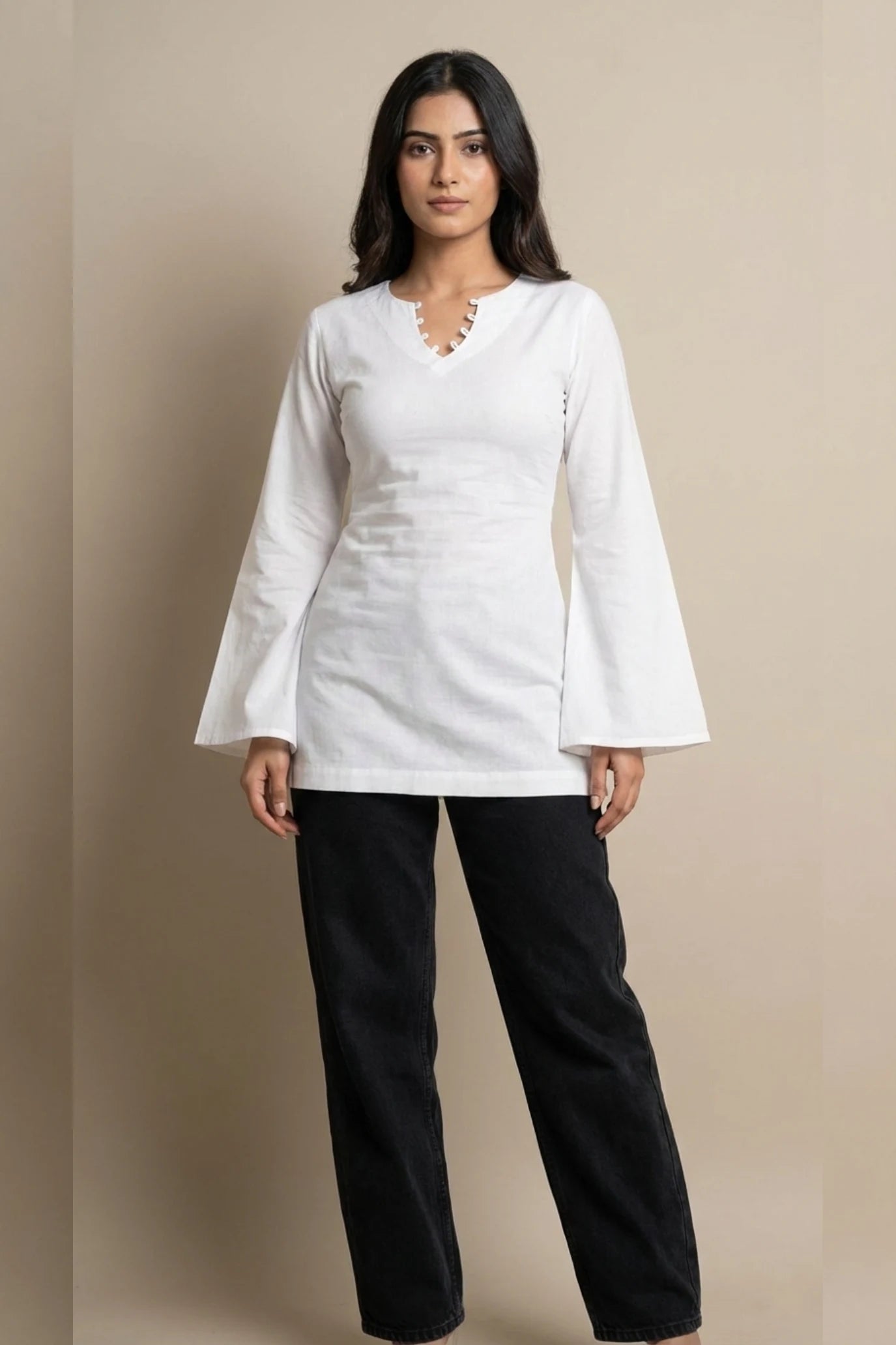 White Kurti for Women | Cotton Bell Sleeve Short Kurti | Kurtis Online India