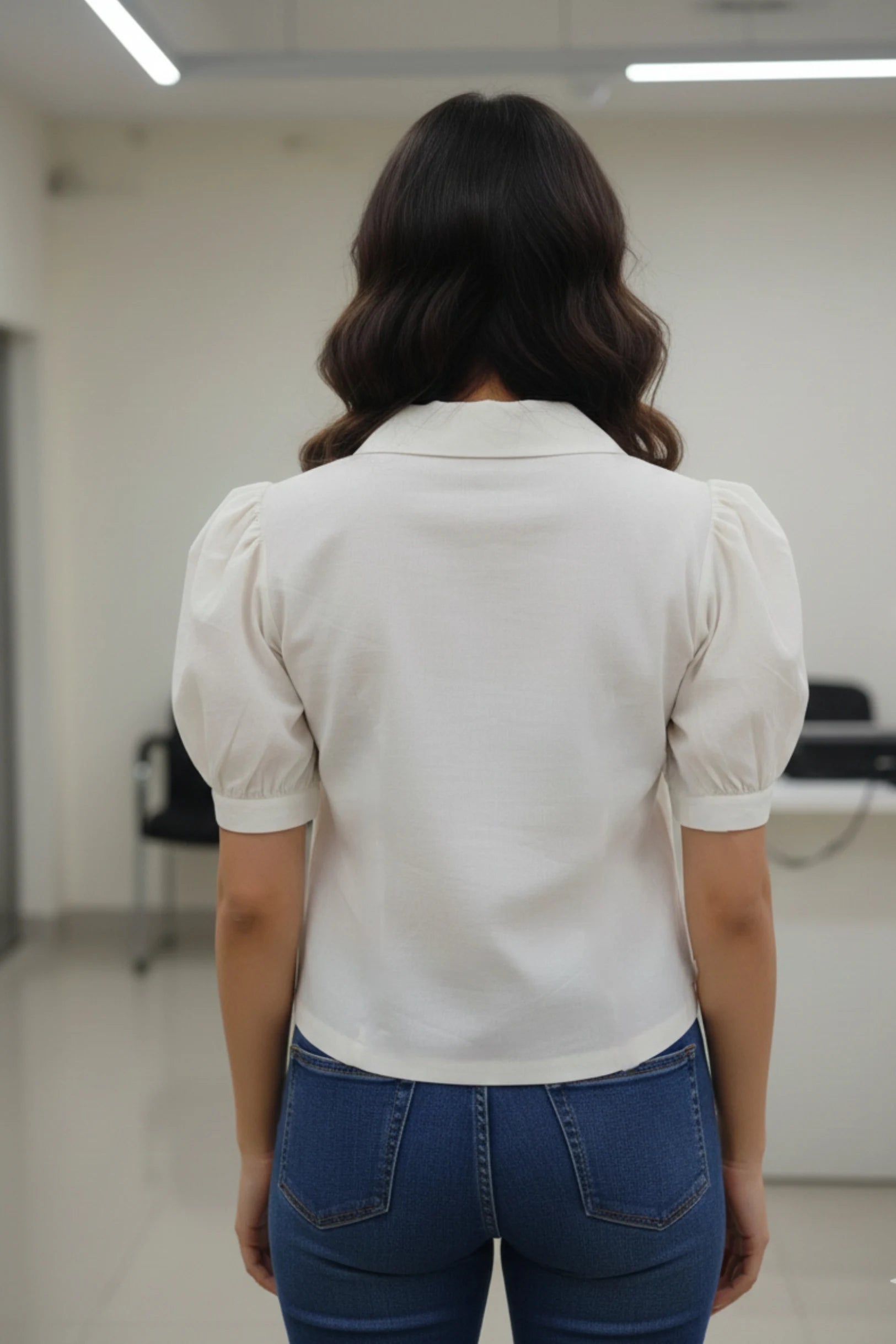 Women's White Cotton Shirt with Puff Sleeves | Embroidered Casual Top