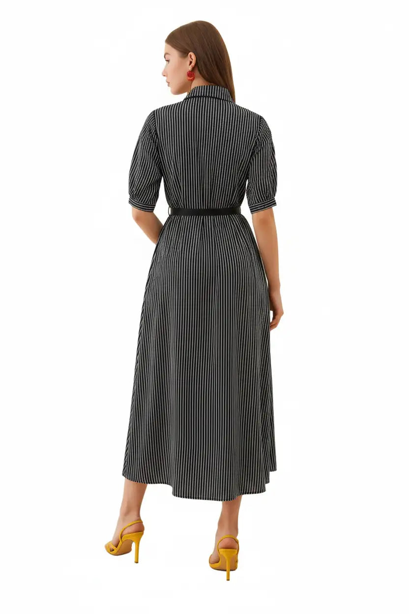 Black Silk Striped Midi Shirt Dress | Long Formal Dress for Women Party Wear