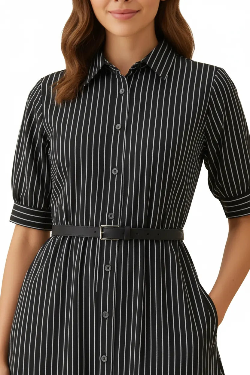 Women's Black Silk Striped Shirt Dress | Midi Dress Formal Casual Party Wear