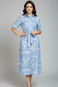 Blue Printed Midi Dress for Women | Paisley Collared Shirt Dress with Belt