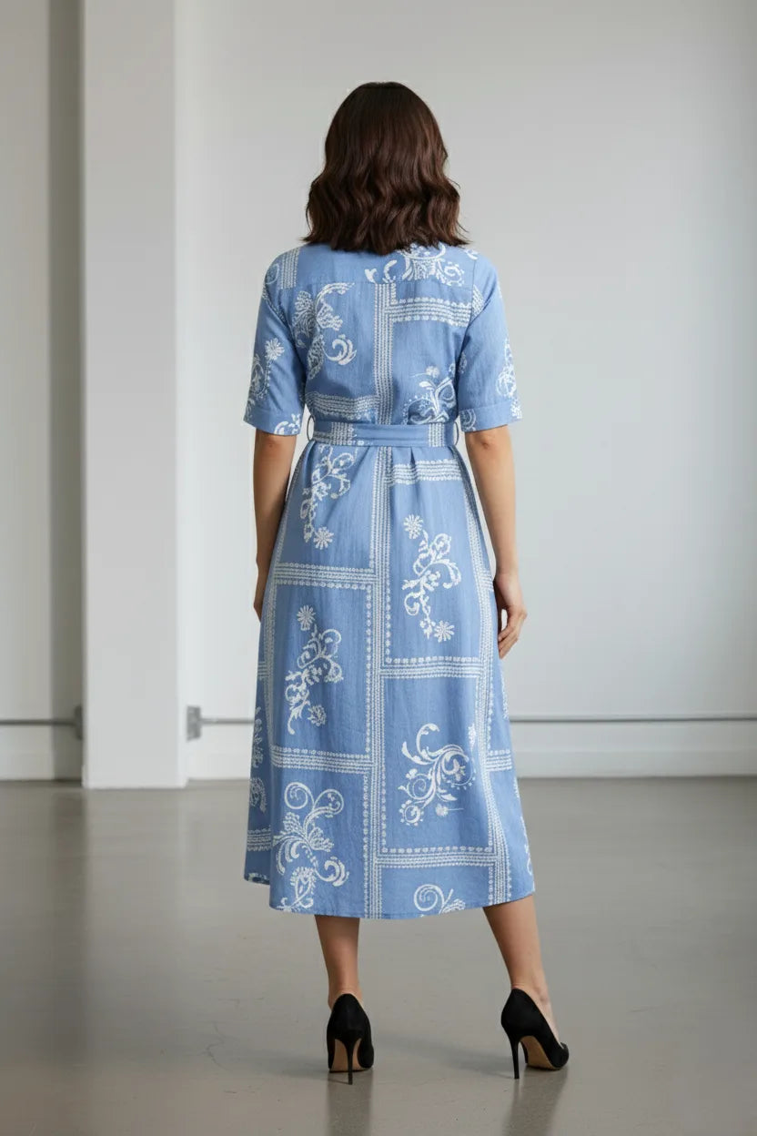 Blue Printed Midi Shirt Dress for Women | Collared Belt Casual Party Dress