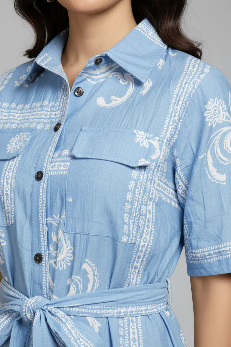 Blue Paisley Printed Shirt Dress | Collared Midi Dress with Belt Ladies Wear