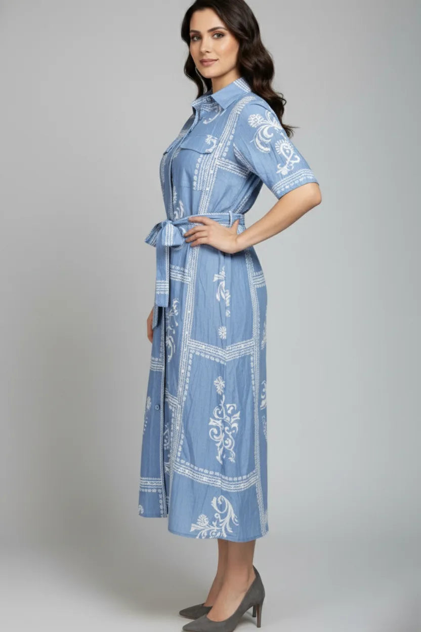 Blue Cotton Midi Dress with Belt | Paisley Printed Collared Shirt Dress Women