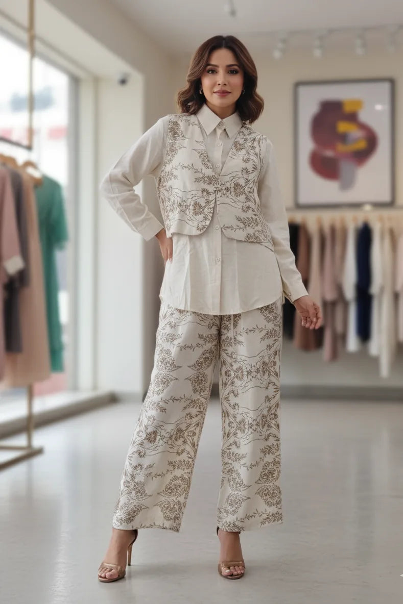 Women's Cotton 3 Piece Set | Floral Printed Palazzo Pants Shirt Waistcoat