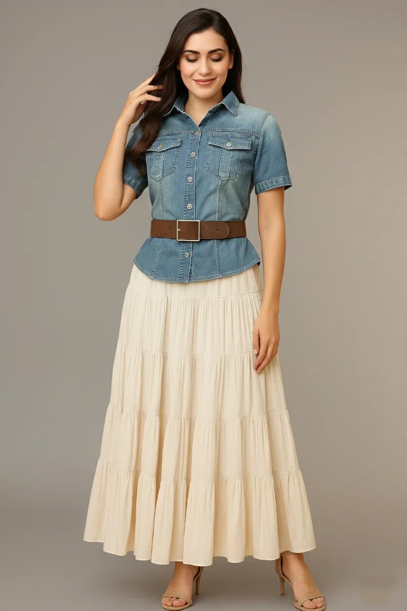 Denim Shirt Women with Cotton Skirt Set | Indo Western Dress Belt Ladies Wear