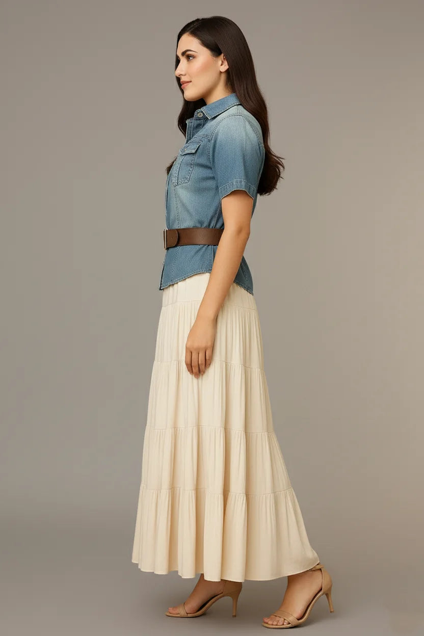 Ladies Denim Shirt with Long Cotton Skirt | Western Clothes for Women Belt Set