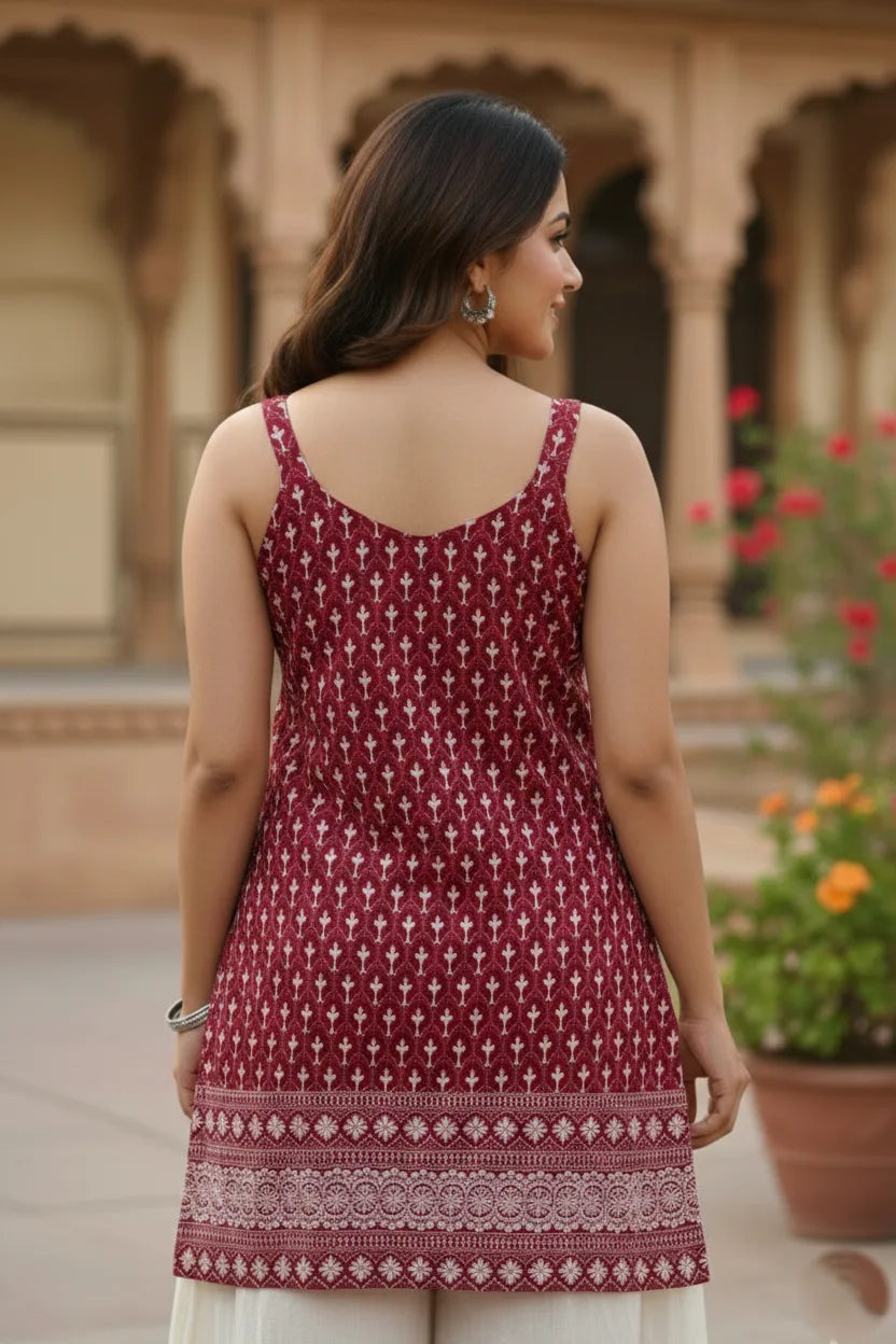 Maroon Chikankari Embroidered Short Kurti for Women | Sleeveless Cotton Ladies Kurti