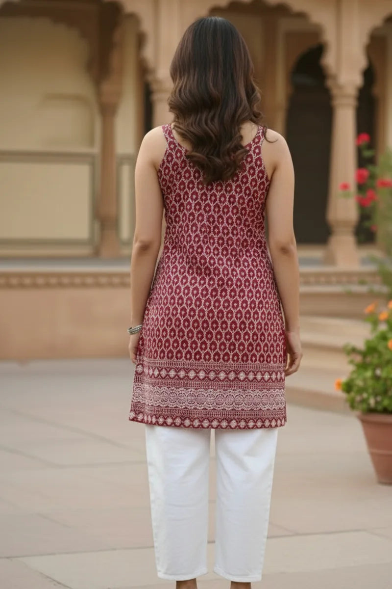 Chikankari Embroidered Maroon Kurti | Short Sleeveless Cotton Kurti for Women