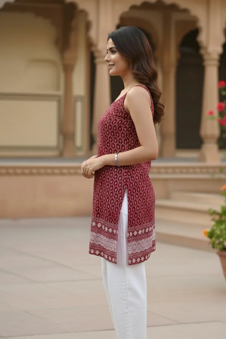 Women's Maroon Chikankari Kurti | Short Sleeveless Embroidered Cotton Ladies Kurti