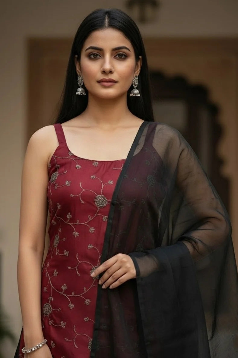 Women's Maroon Embroidered Kurti Palazzo Set | Black Dupatta Sleeveless Ladies