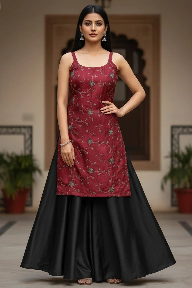 Maroon Kurti Black Dupatta Palazzo Set | Floral Embroidered Sleeveless Ladies