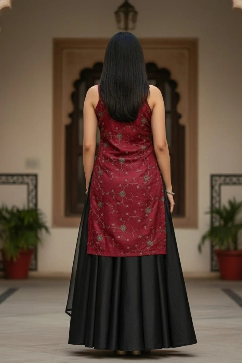 Floral Embroidered Maroon Kurti Set | Black Palazzo Dupatta Sleeveless Women