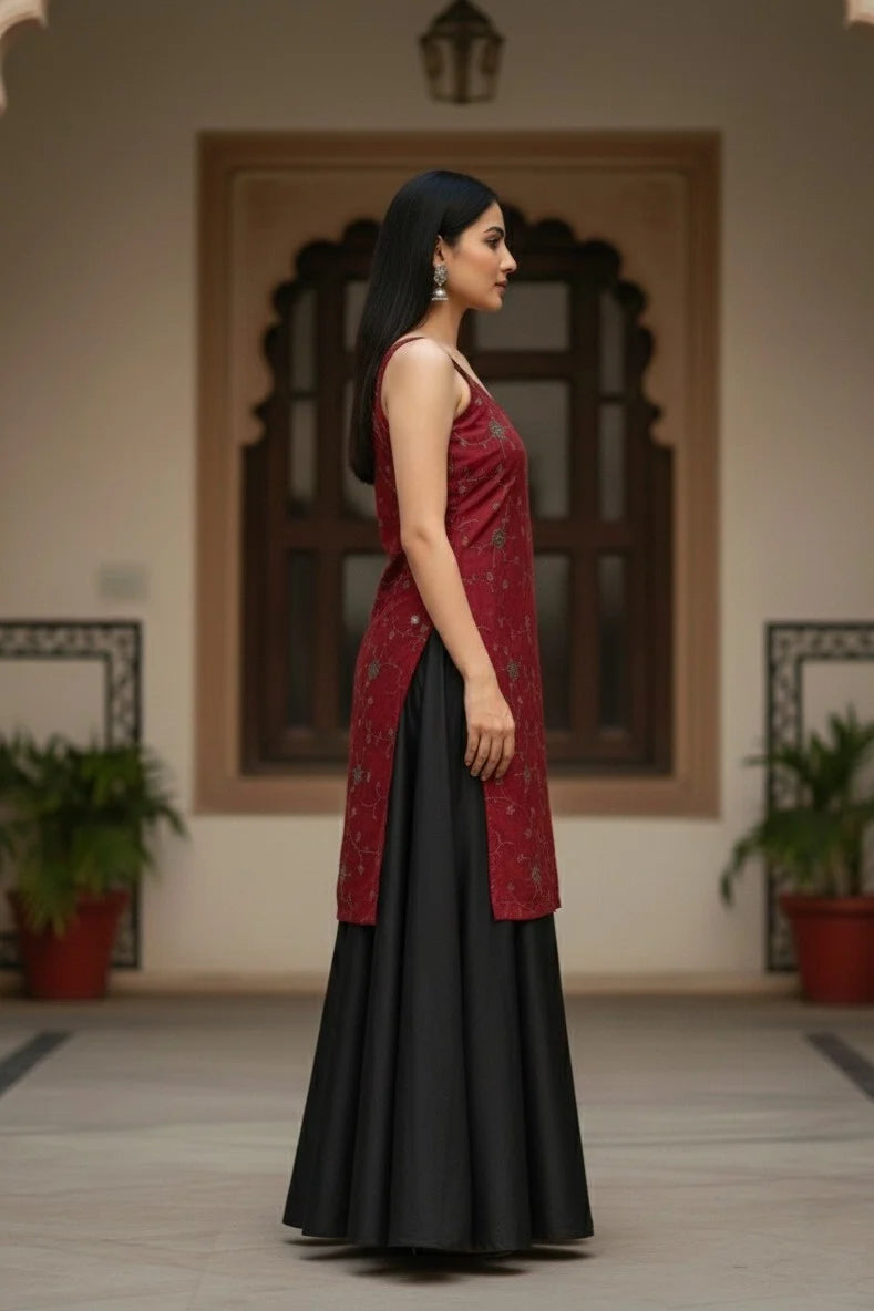 Maroon Embroidered Kurti Palazzo Dupatta Set | Sleeveless Floral Festive Ladies