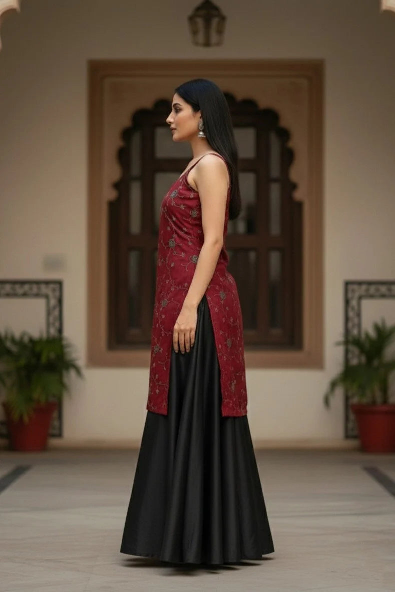 Maroon Floral Embroidered Kurti Palazzo | Black Dupatta Set Ethnic Ladies Wear