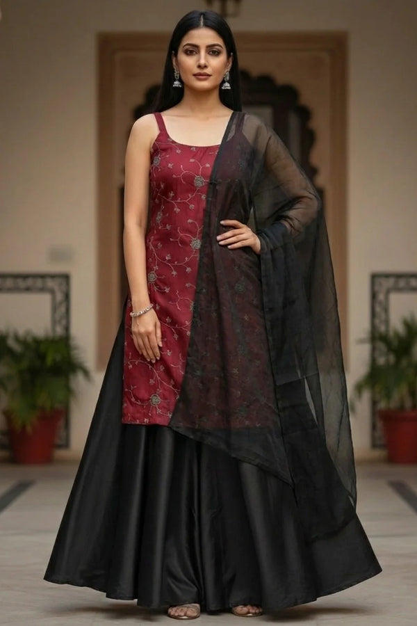 Maroon Embroidered Kurti with Black Palazzo Dupatta Set | Sleeveless Ladies Kurti